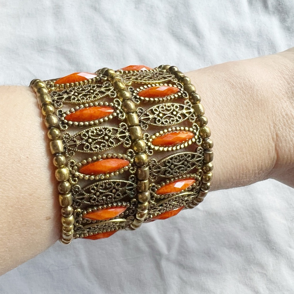 Boho Vintage-Inspired Brass Tone and Orange Bracelet